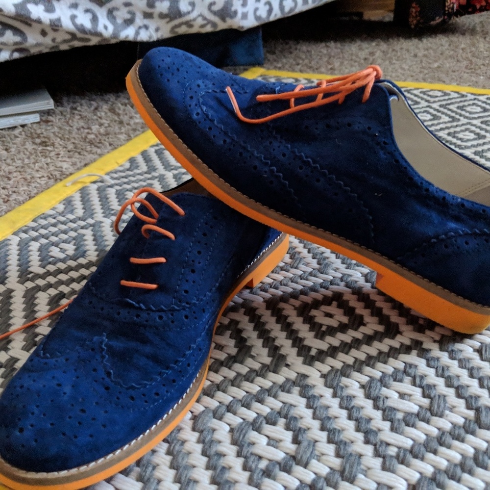 Blue and orange loafers